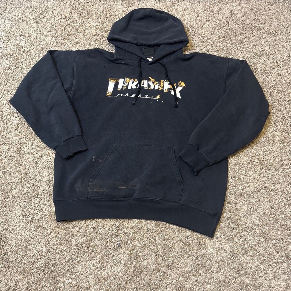 VTG Thrasher Magazine Flame Graphic Logo Skater Sz M Hoodie Distressed Black Y2k